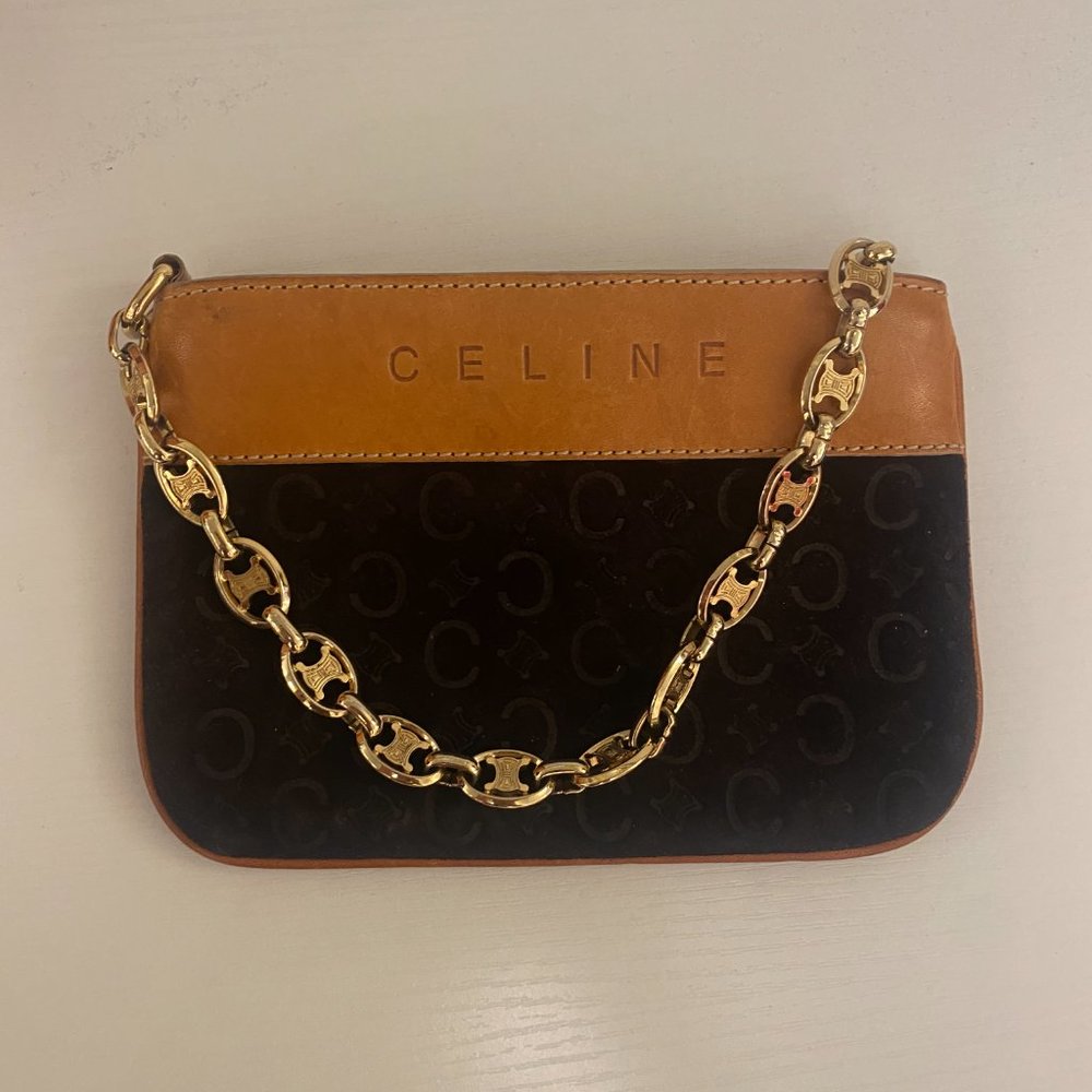 Celine Suede and Leather Clutch Purse with Gold Chain Strap - Picture 4 of 7